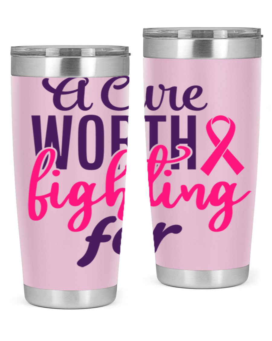 A stylish 20oz and 30oz stainless steel tumbler featuring a breast cancer awareness design, perfect for hot and cold beverages.