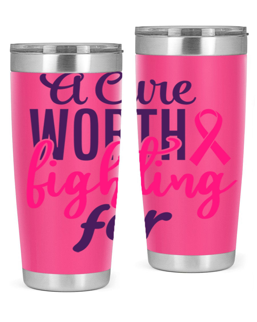 A stylish 20oz and 30oz stainless steel tumbler featuring a breast cancer awareness design, perfect for hot and cold beverages.