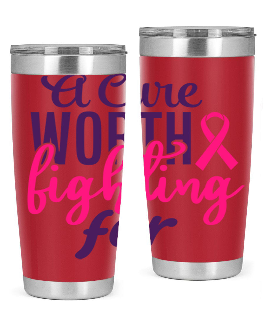 A stylish 20oz and 30oz stainless steel tumbler featuring a breast cancer awareness design, perfect for hot and cold beverages.