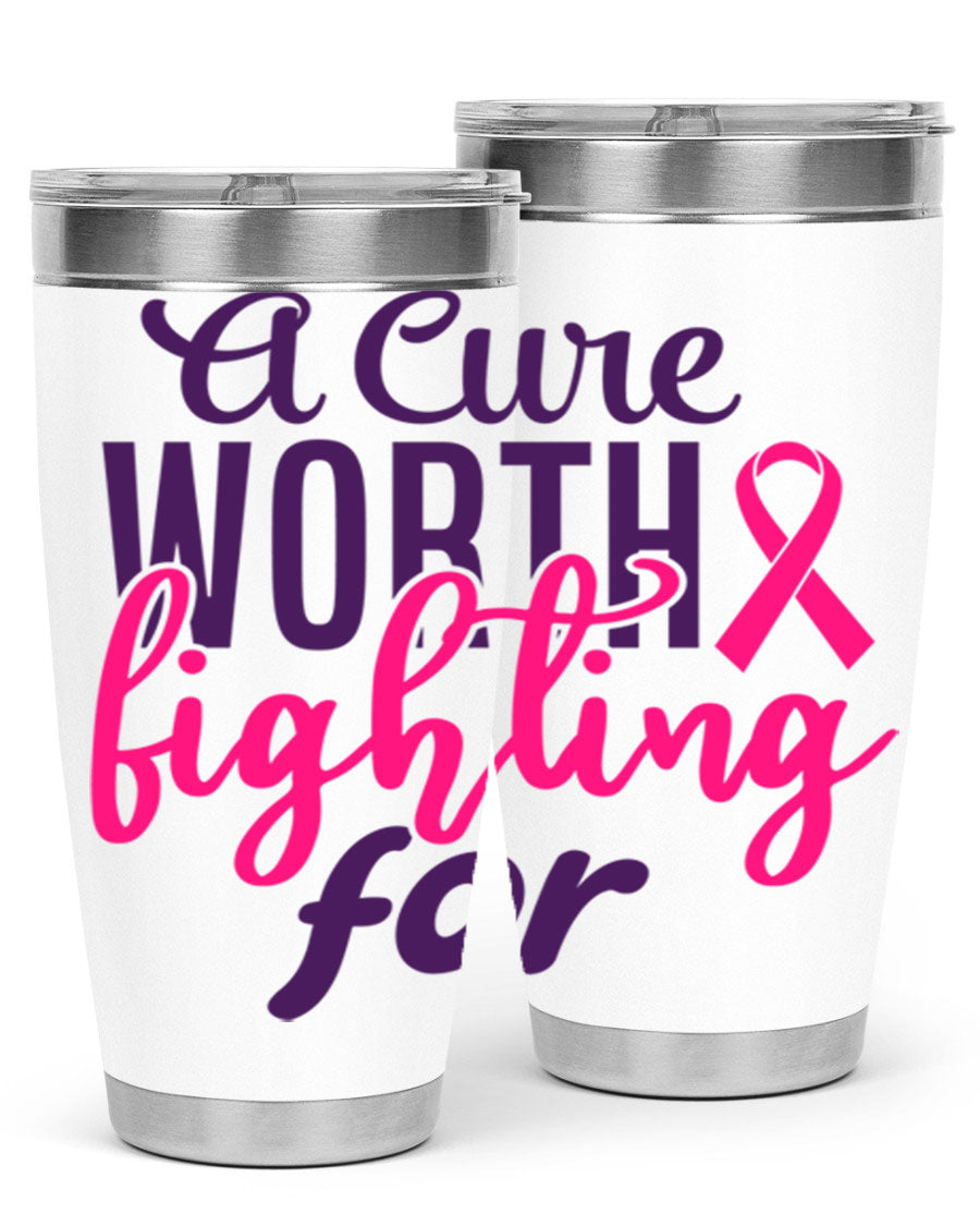 A stylish 20oz and 30oz stainless steel tumbler featuring a breast cancer awareness design, perfect for hot and cold beverages.