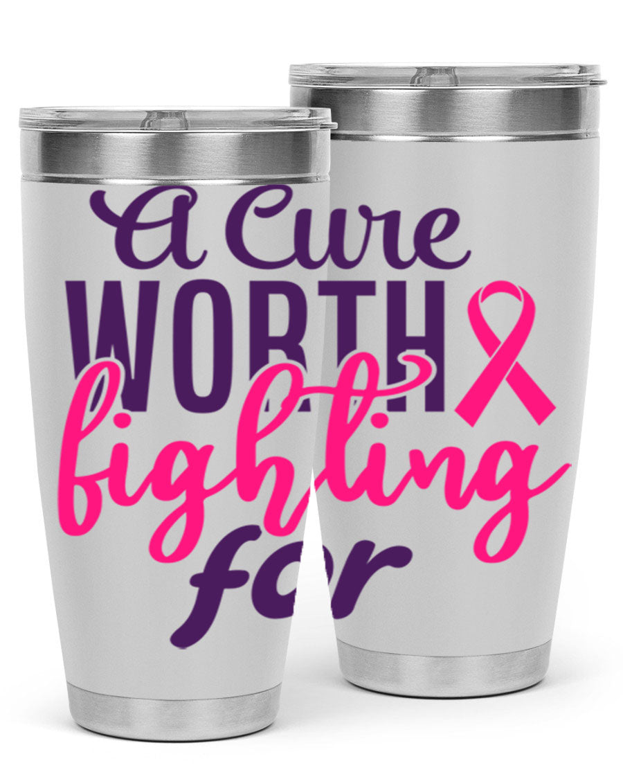 A stylish 20oz and 30oz stainless steel tumbler featuring a breast cancer awareness design, perfect for hot and cold beverages.