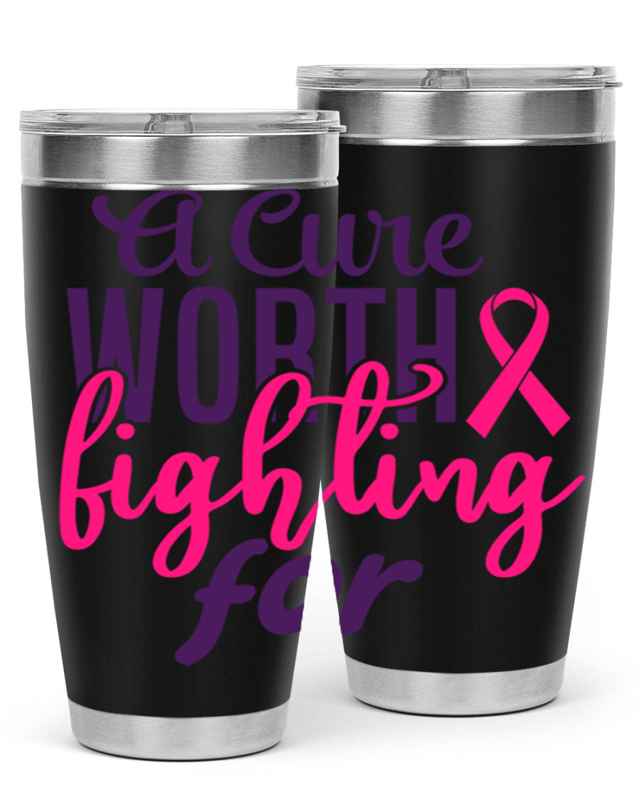 A stylish 20oz and 30oz stainless steel tumbler featuring a breast cancer awareness design, perfect for hot and cold beverages.