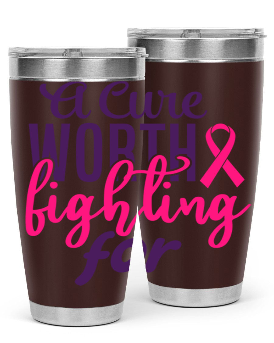 A stylish 20oz and 30oz stainless steel tumbler featuring a breast cancer awareness design, perfect for hot and cold beverages.