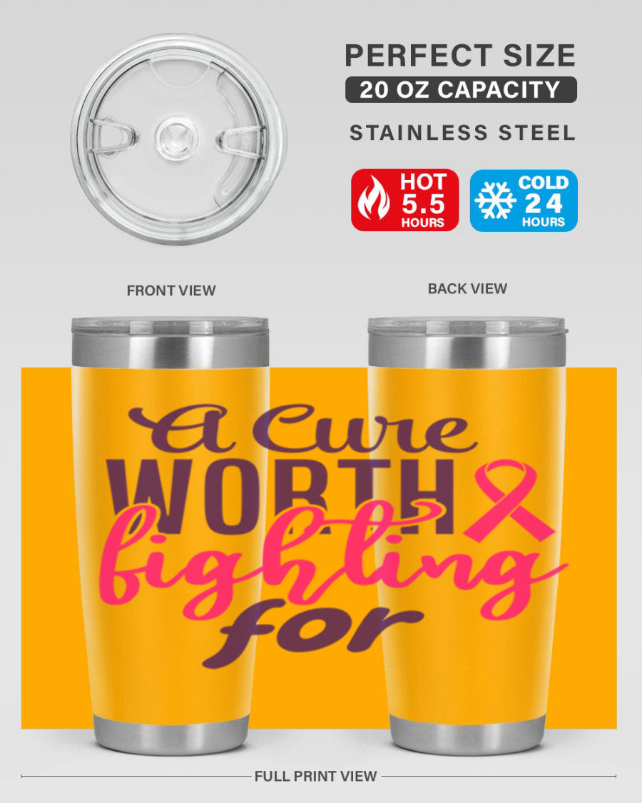 A stylish 20oz and 30oz stainless steel tumbler featuring a breast cancer awareness design, perfect for hot and cold beverages.