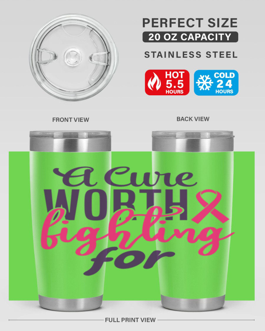 A stylish 20oz and 30oz stainless steel tumbler featuring a breast cancer awareness design, perfect for hot and cold beverages.
