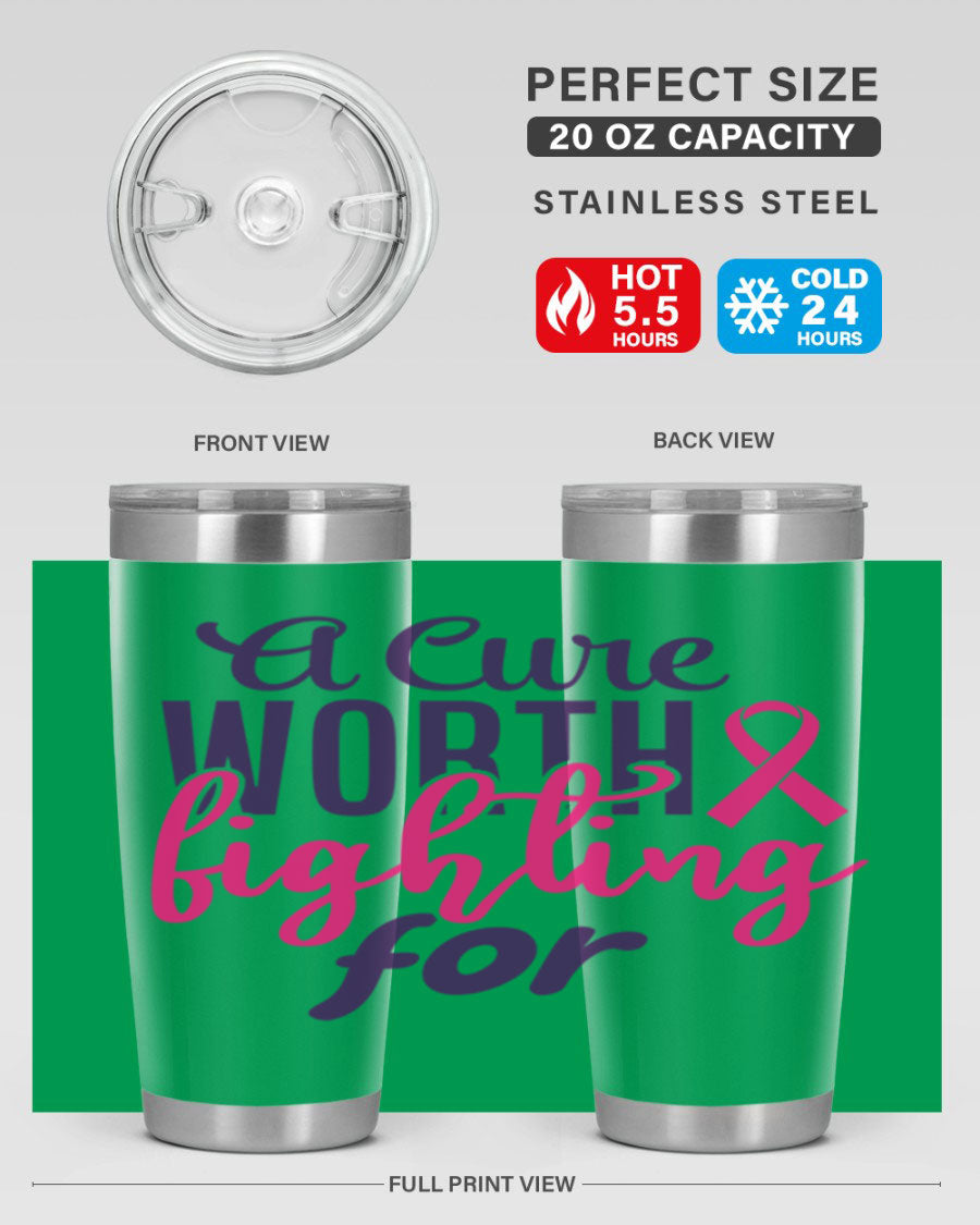 A stylish 20oz and 30oz stainless steel tumbler featuring a breast cancer awareness design, perfect for hot and cold beverages.