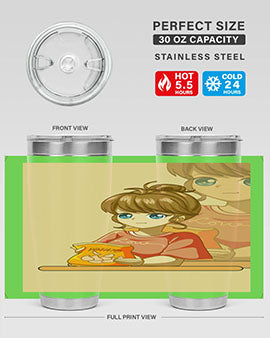 A cute anime girl holding a potato, featured on a stylish stainless steel tumbler.