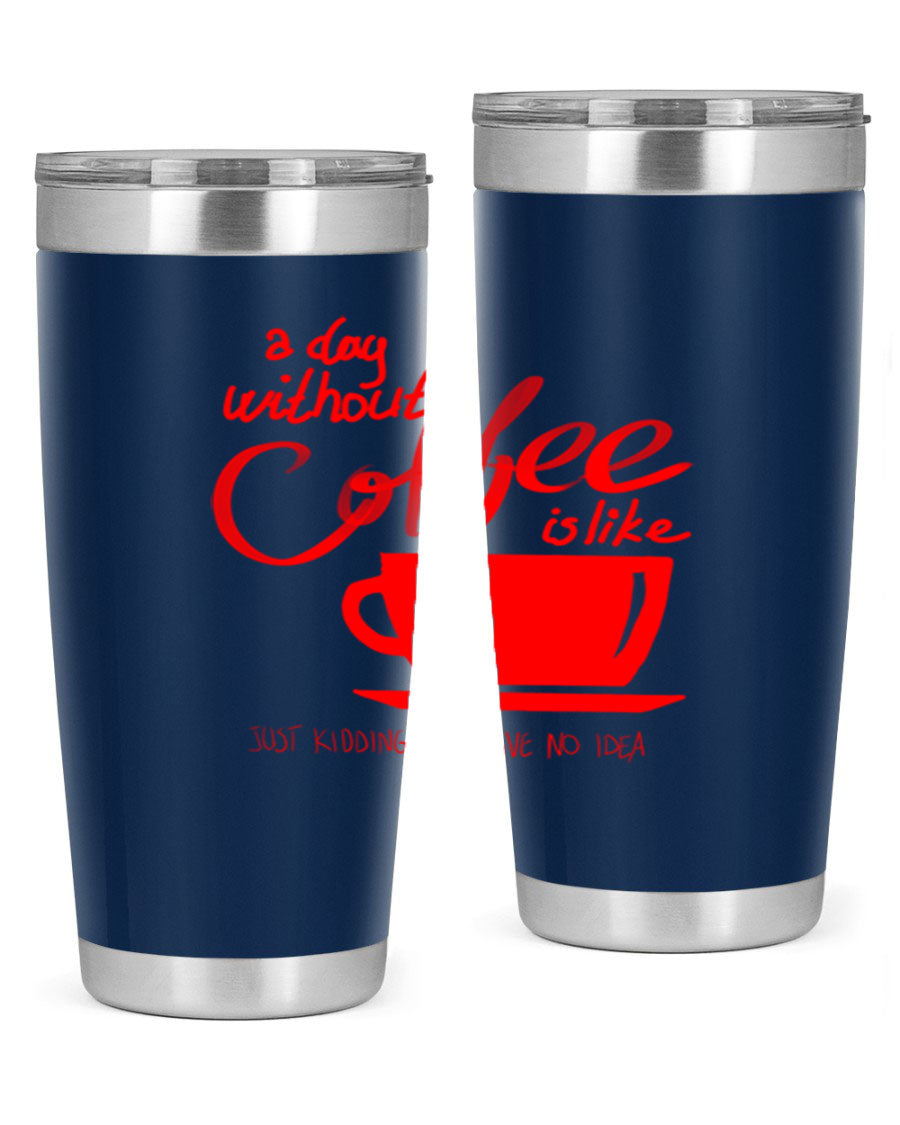 A Day Without a Coffee 259# Tumbler in stainless steel with a sleek design, showcasing its double wall vacuum insulation and drink-thru lid.