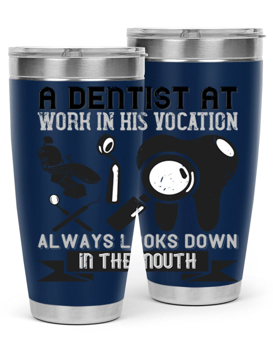 A stylish stainless steel tumbler featuring a dental-themed design, perfect for professionals and enthusiasts, showcasing its double wall vacuum insulation.