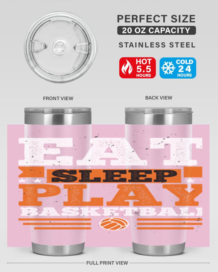 A stylish 20oz and 30oz stainless steel tumbler with 'Eat Sleep Play Volleyball' printed design, perfect for athletes.