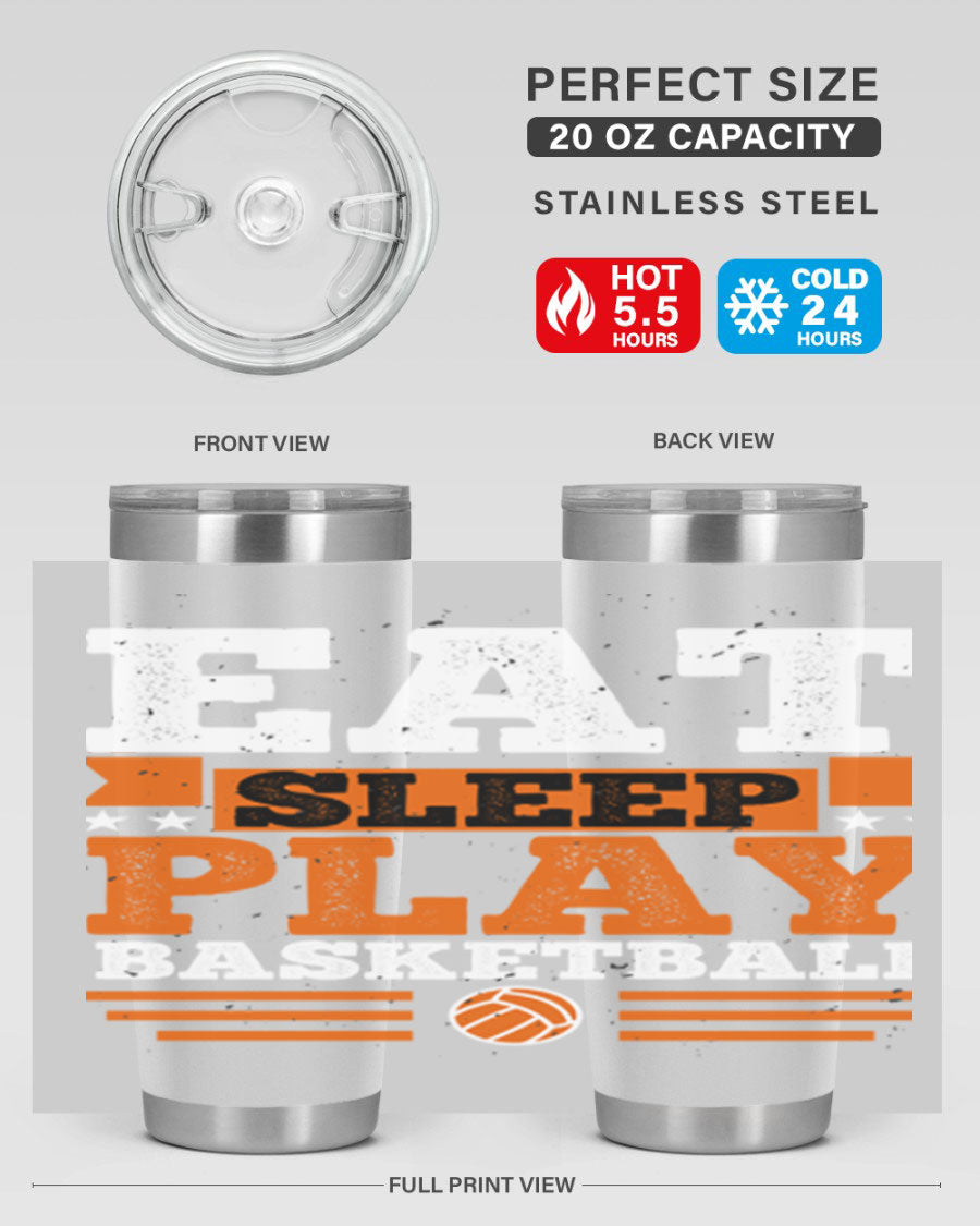 A stylish 20oz and 30oz stainless steel tumbler with 'Eat Sleep Play Volleyball' printed design, perfect for athletes.