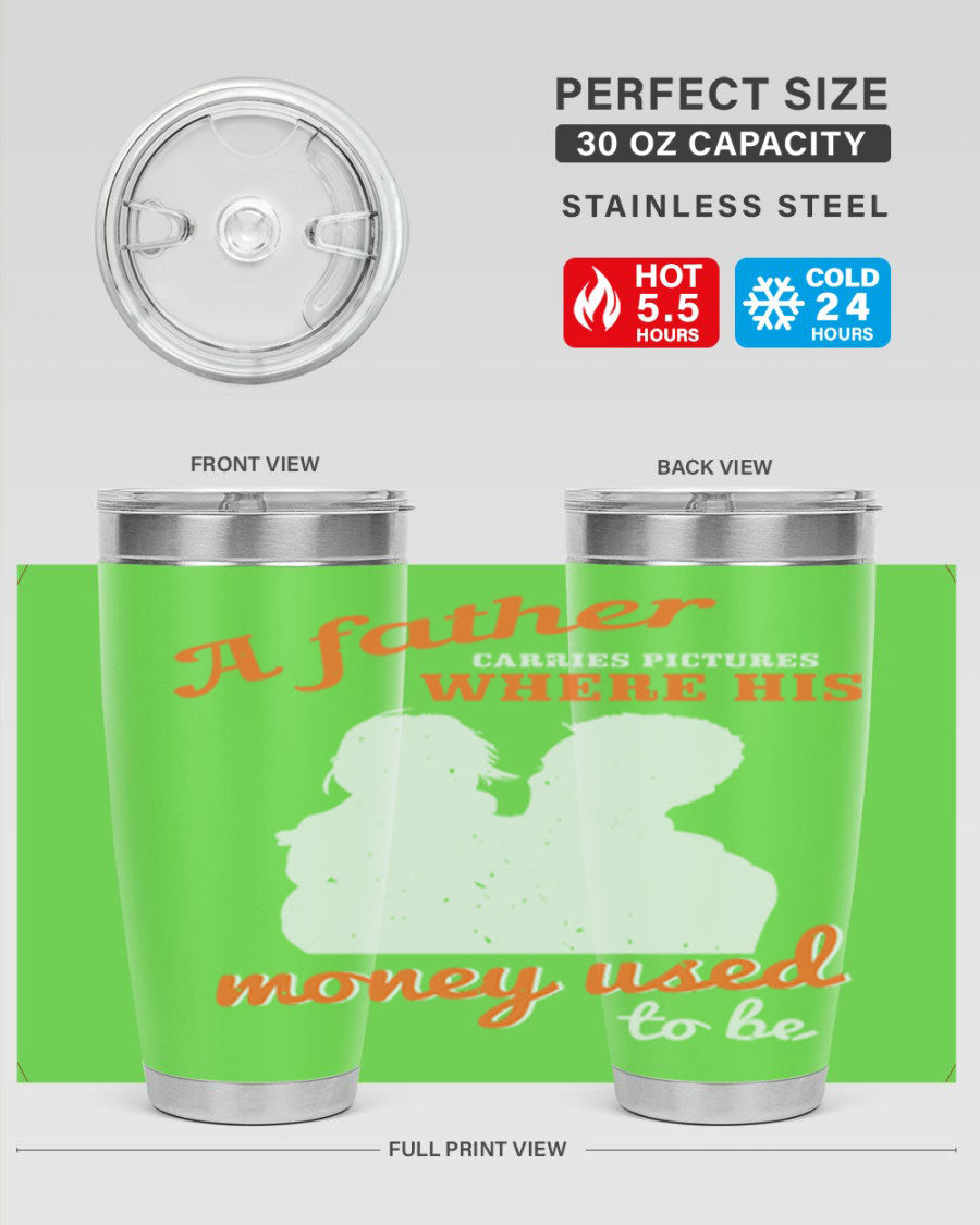 A Father Carries Pictures 273# Tumbler in stainless steel, showcasing its double wall vacuum design and drink-thru lid.