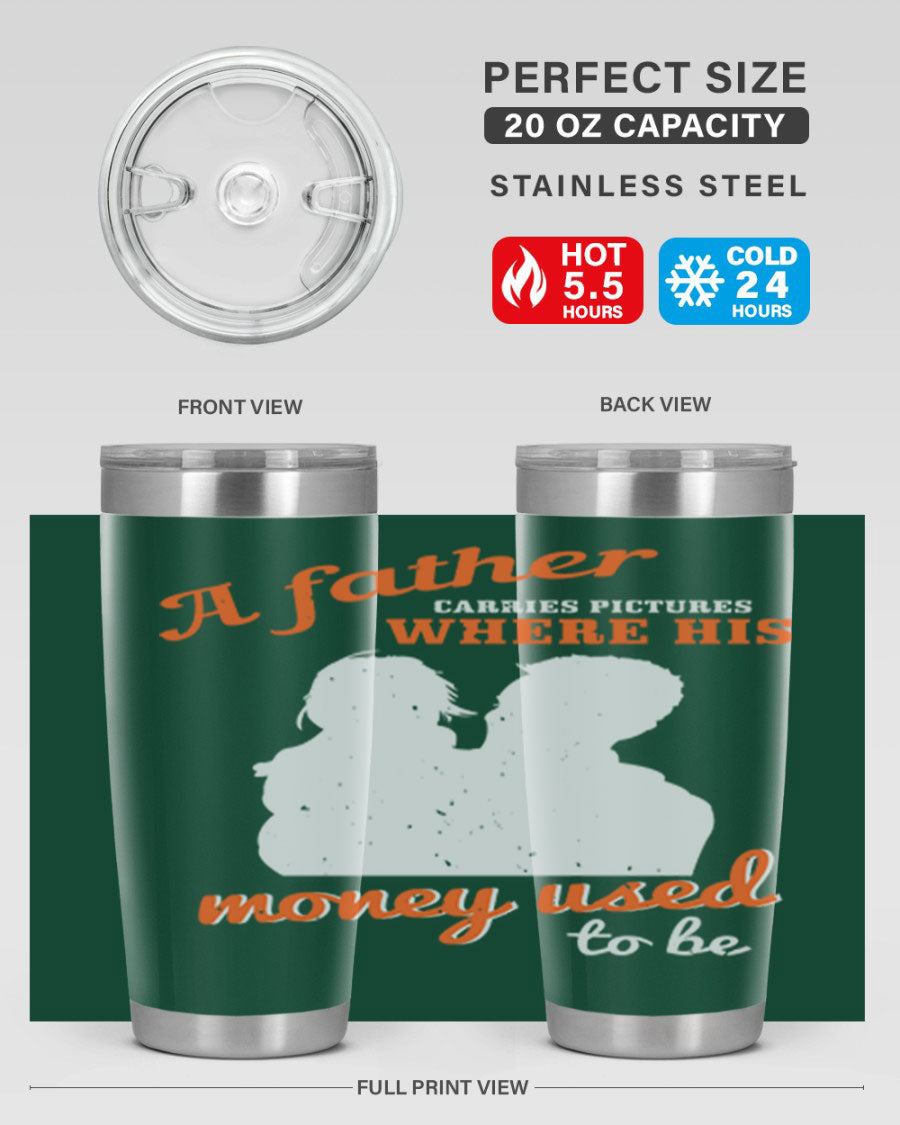 A Father Carries Pictures 273# Tumbler in stainless steel, showcasing its double wall vacuum design and drink-thru lid.