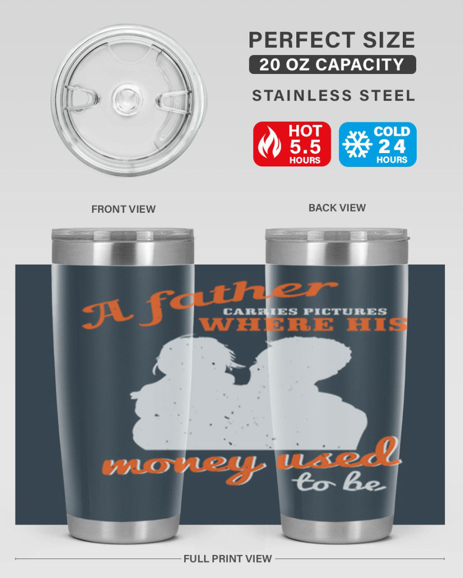 A Father Carries Pictures 273# Tumbler in stainless steel, showcasing its double wall vacuum design and drink-thru lid.
