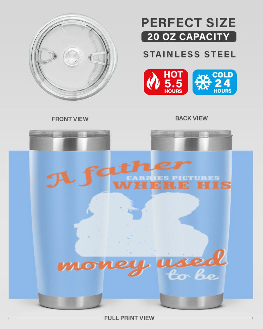 A Father Carries Pictures 273# Tumbler in stainless steel, showcasing its double wall vacuum design and drink-thru lid.