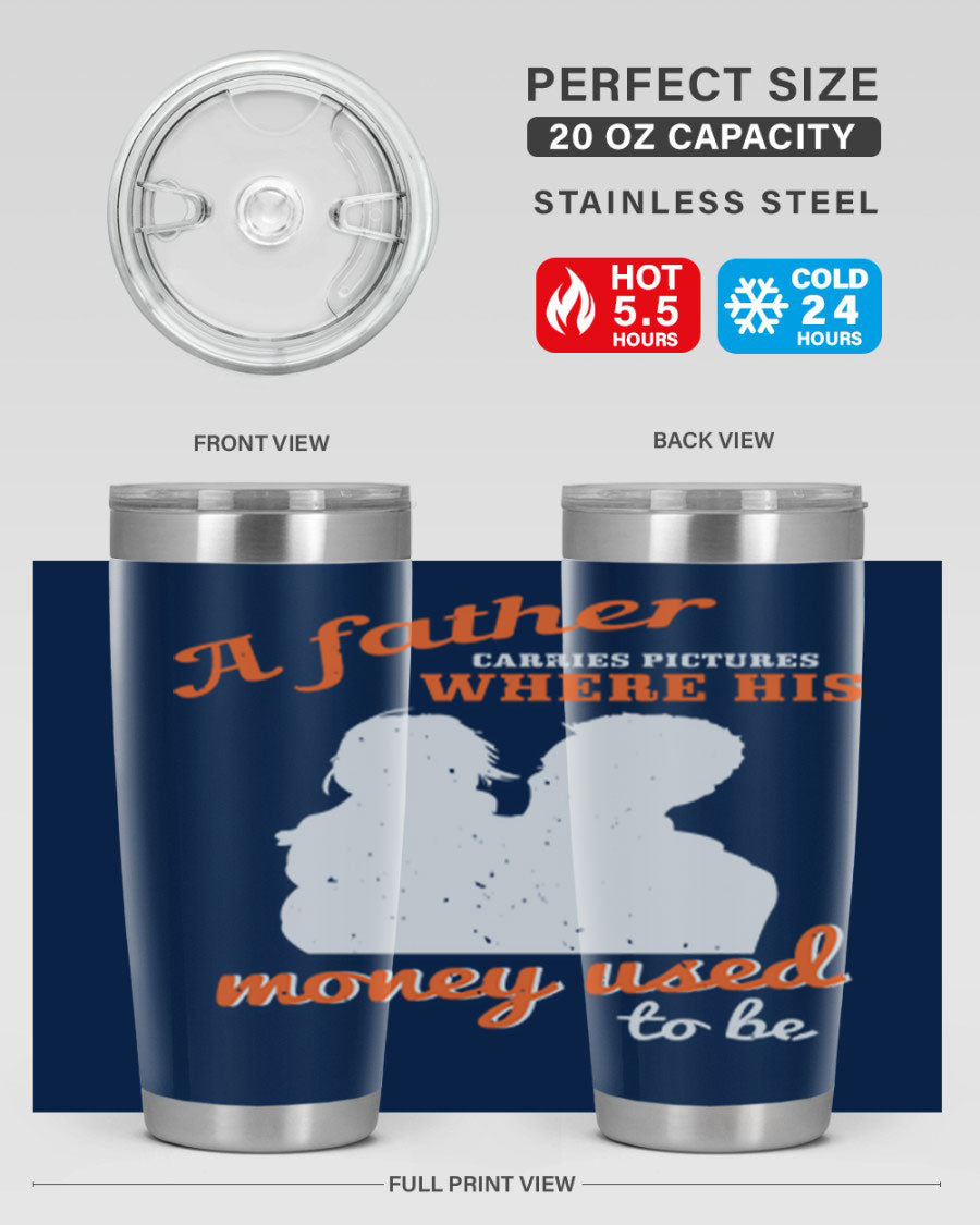 A Father Carries Pictures 273# Tumbler in stainless steel, showcasing its double wall vacuum design and drink-thru lid.