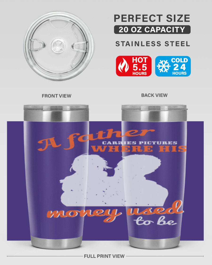 A Father Carries Pictures 273# Tumbler in stainless steel, showcasing its double wall vacuum design and drink-thru lid.