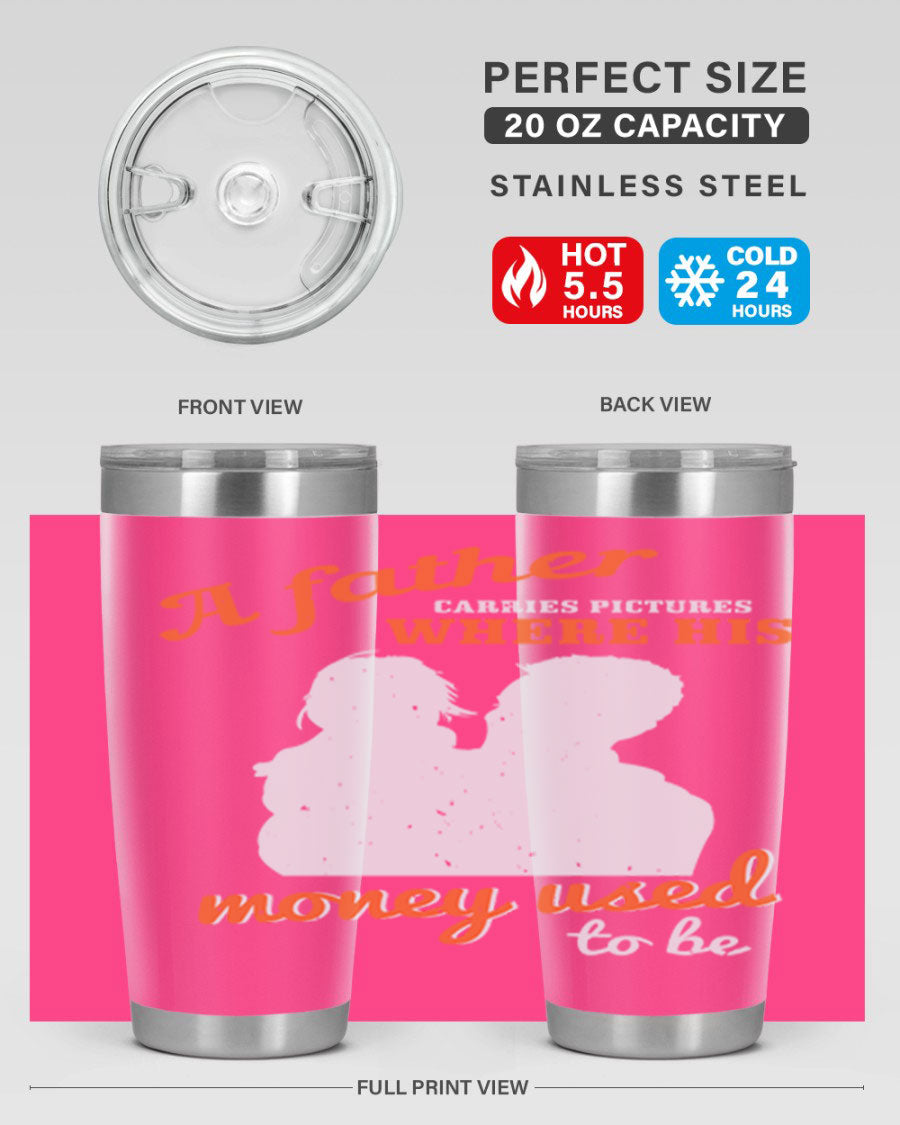 A Father Carries Pictures 273# Tumbler in stainless steel, showcasing its double wall vacuum design and drink-thru lid.