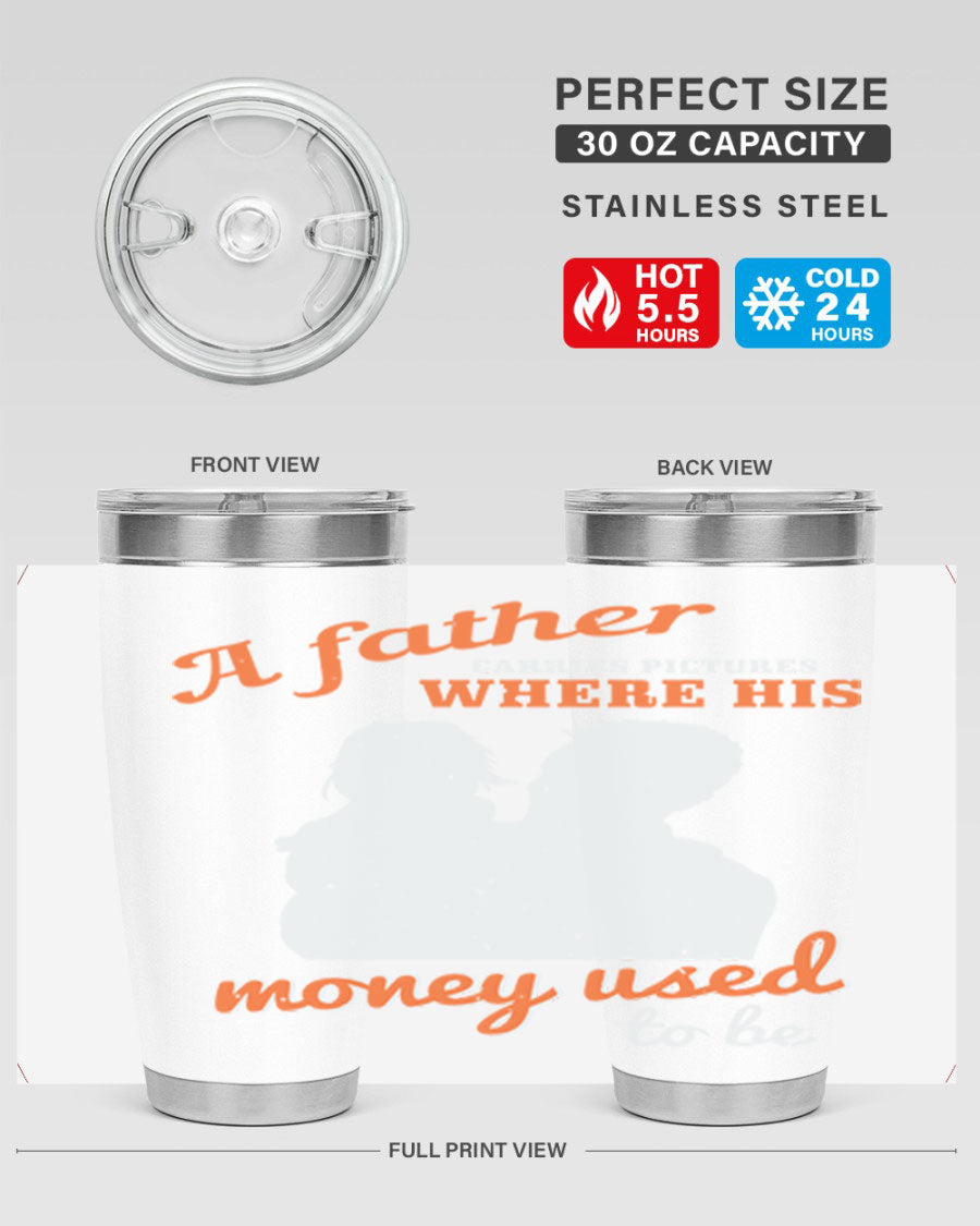 A Father Carries Pictures 273# Tumbler in stainless steel, showcasing its double wall vacuum design and drink-thru lid.