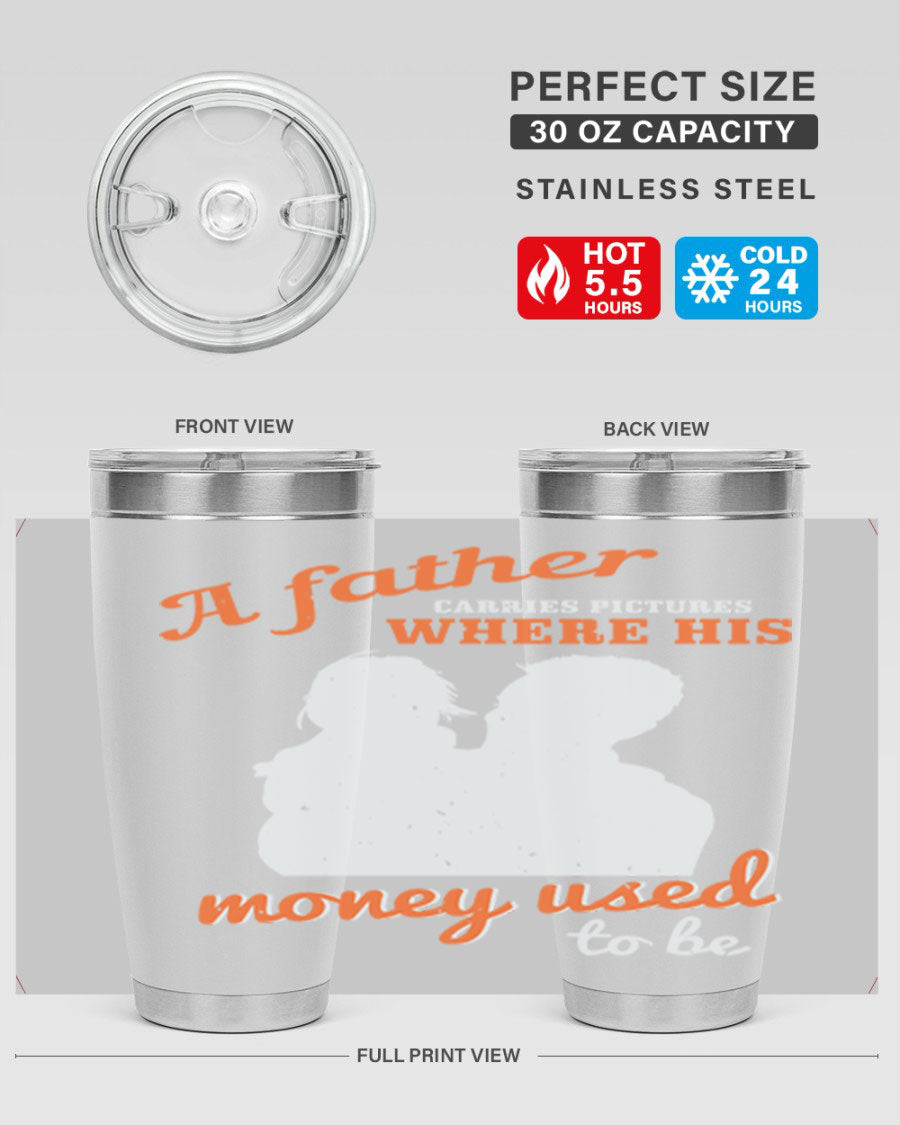 A Father Carries Pictures 273# Tumbler in stainless steel, showcasing its double wall vacuum design and drink-thru lid.
