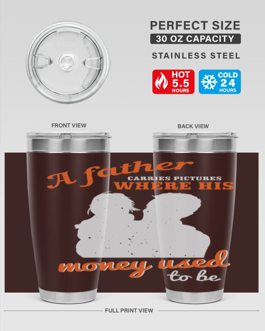 A Father Carries Pictures 273# Tumbler in stainless steel, showcasing its double wall vacuum design and drink-thru lid.