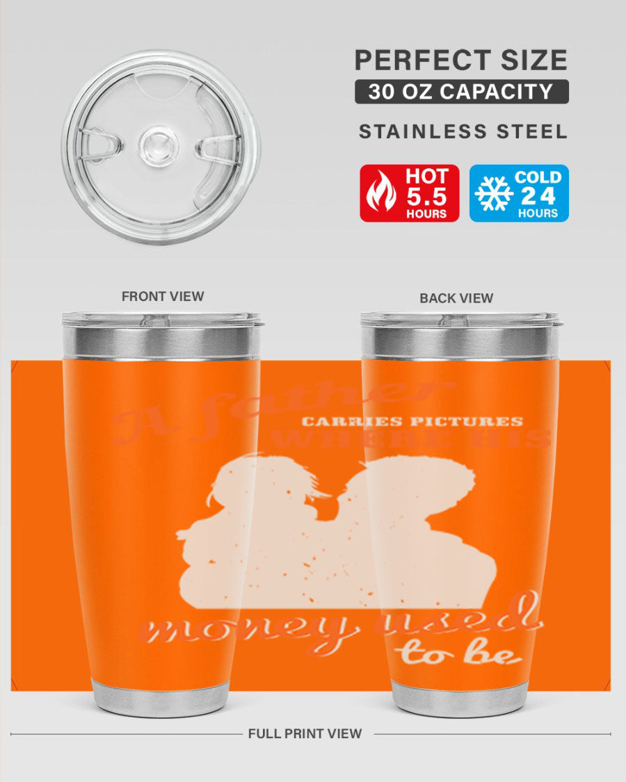 A Father Carries Pictures 273# Tumbler in stainless steel, showcasing its double wall vacuum design and drink-thru lid.