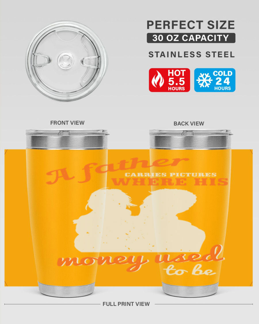 A Father Carries Pictures 273# Tumbler in stainless steel, showcasing its double wall vacuum design and drink-thru lid.