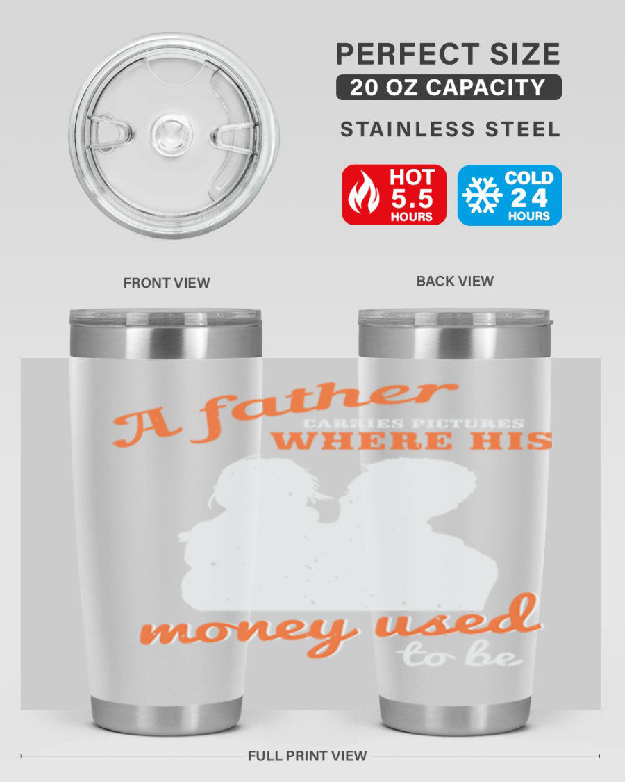 A Father Carries Pictures 273# Tumbler in stainless steel, showcasing its double wall vacuum design and drink-thru lid.
