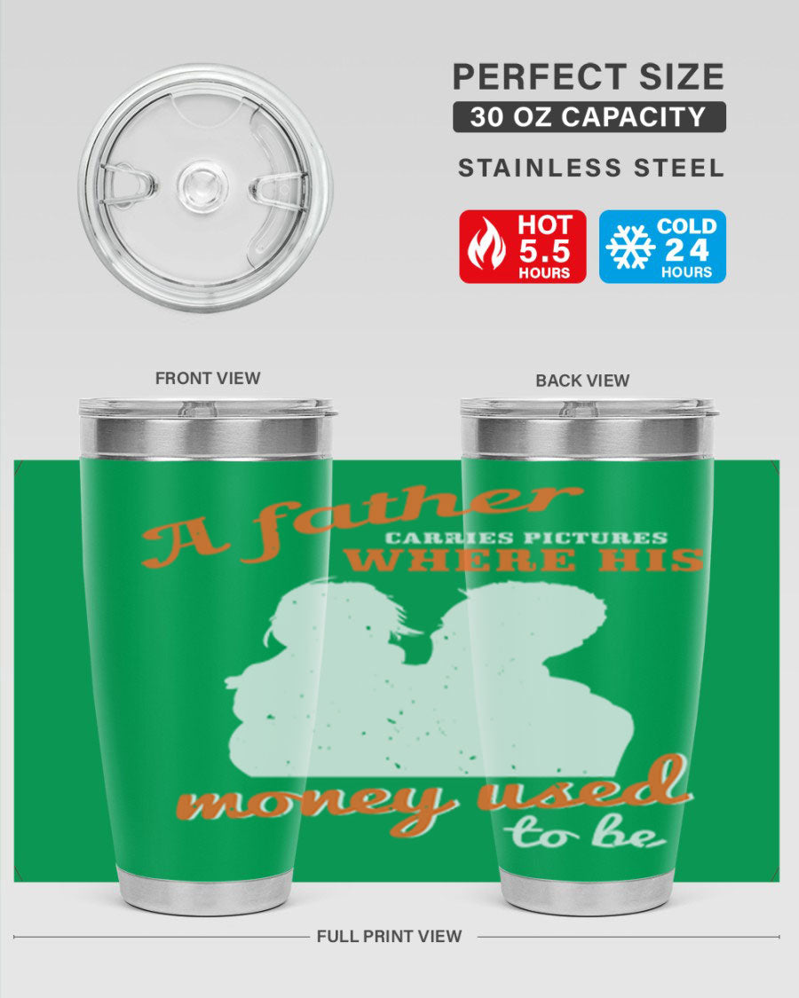 A Father Carries Pictures 273# Tumbler in stainless steel, showcasing its double wall vacuum design and drink-thru lid.