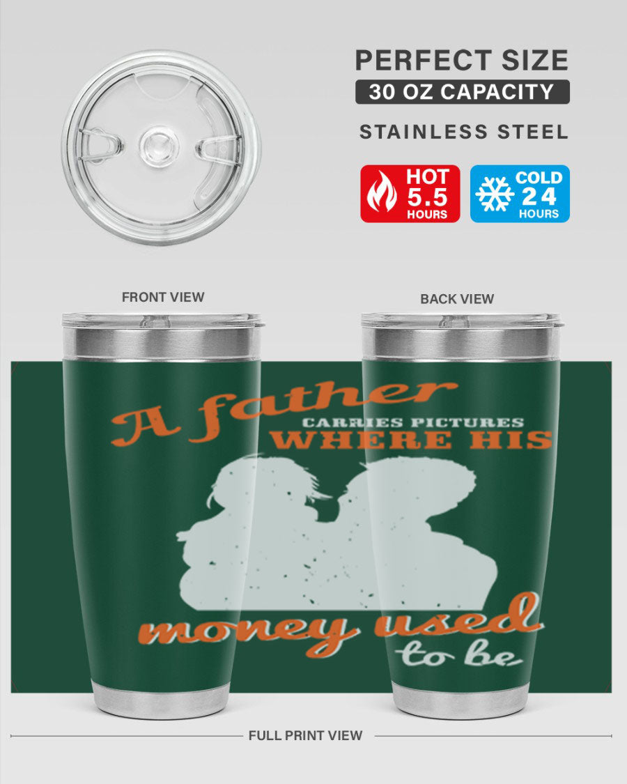 A Father Carries Pictures 273# Tumbler in stainless steel, showcasing its double wall vacuum design and drink-thru lid.