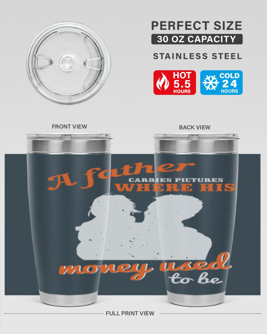A Father Carries Pictures 273# Tumbler in stainless steel, showcasing its double wall vacuum design and drink-thru lid.