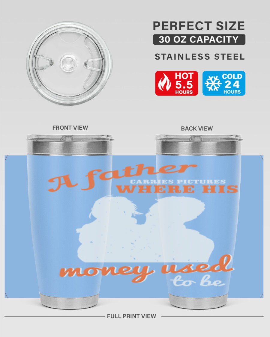 A Father Carries Pictures 273# Tumbler in stainless steel, showcasing its double wall vacuum design and drink-thru lid.