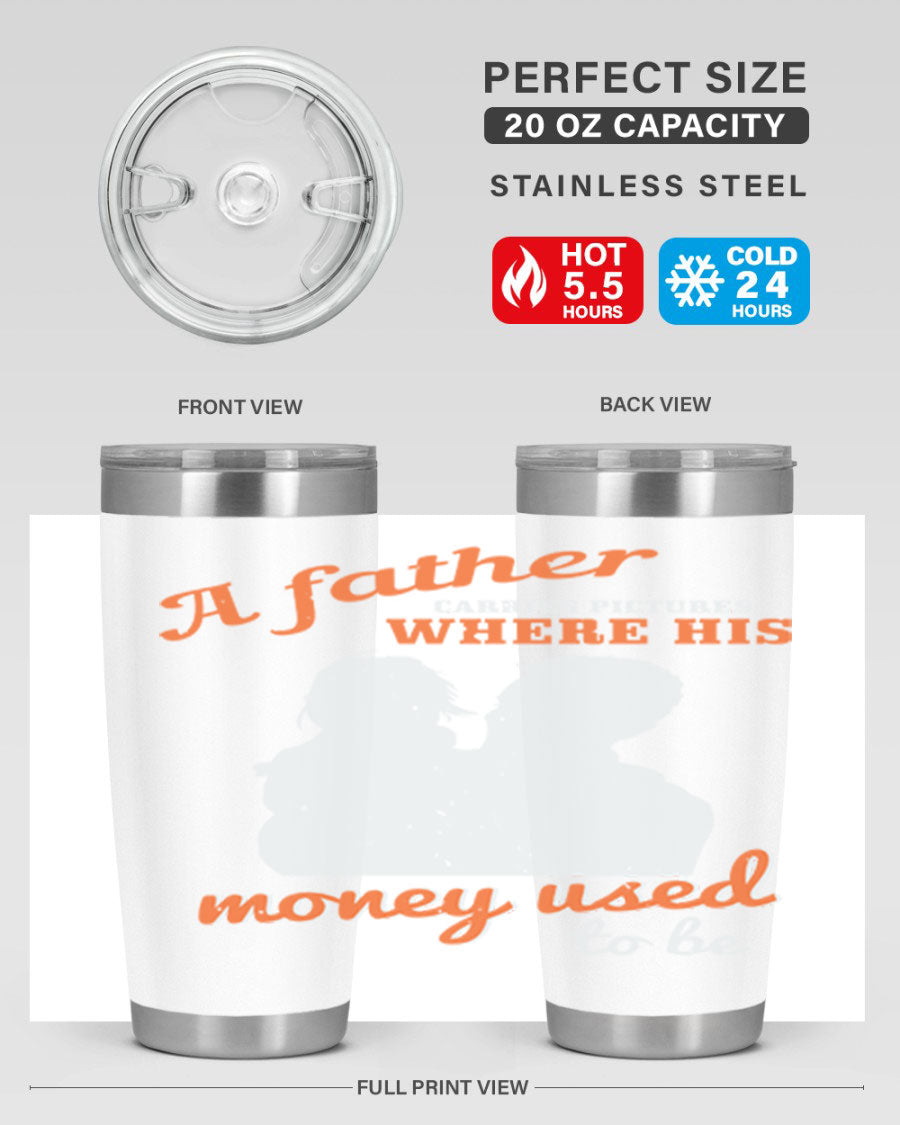 A Father Carries Pictures 273# Tumbler in stainless steel, showcasing its double wall vacuum design and drink-thru lid.