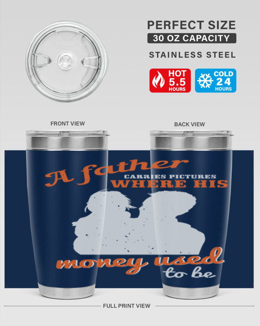 A Father Carries Pictures 273# Tumbler in stainless steel, showcasing its double wall vacuum design and drink-thru lid.