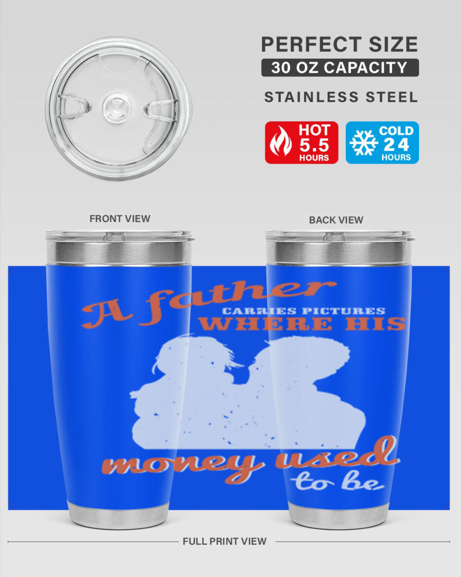A Father Carries Pictures 273# Tumbler in stainless steel, showcasing its double wall vacuum design and drink-thru lid.