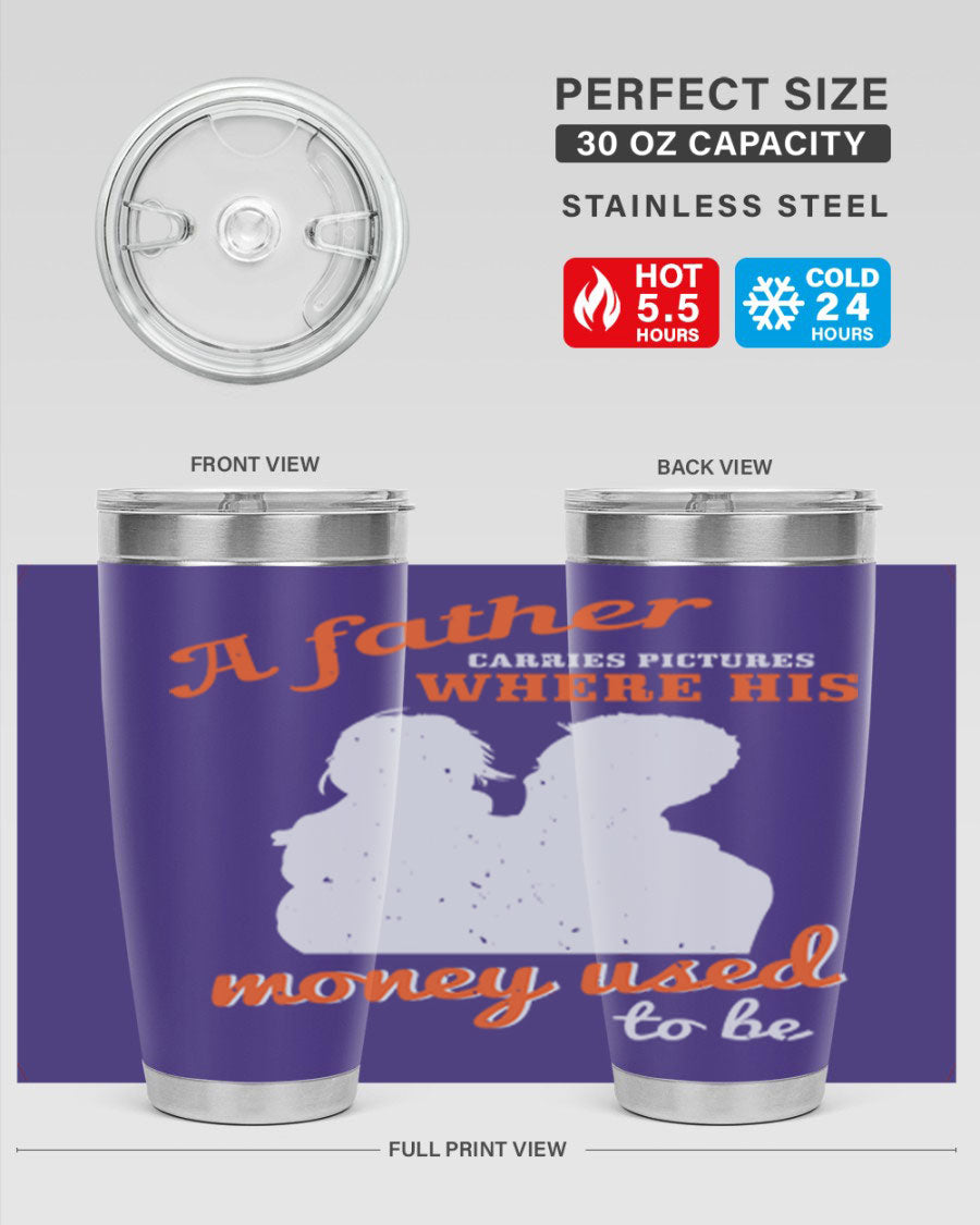 A Father Carries Pictures 273# Tumbler in stainless steel, showcasing its double wall vacuum design and drink-thru lid.