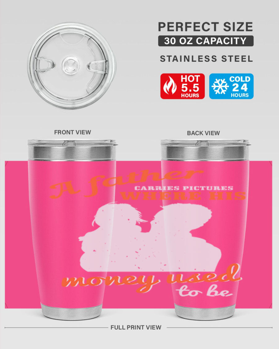 A Father Carries Pictures 273# Tumbler in stainless steel, showcasing its double wall vacuum design and drink-thru lid.