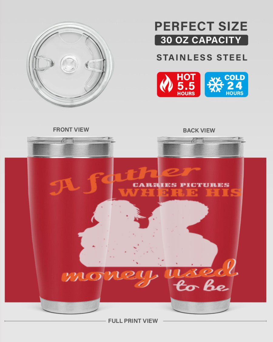 A Father Carries Pictures 273# Tumbler in stainless steel, showcasing its double wall vacuum design and drink-thru lid.