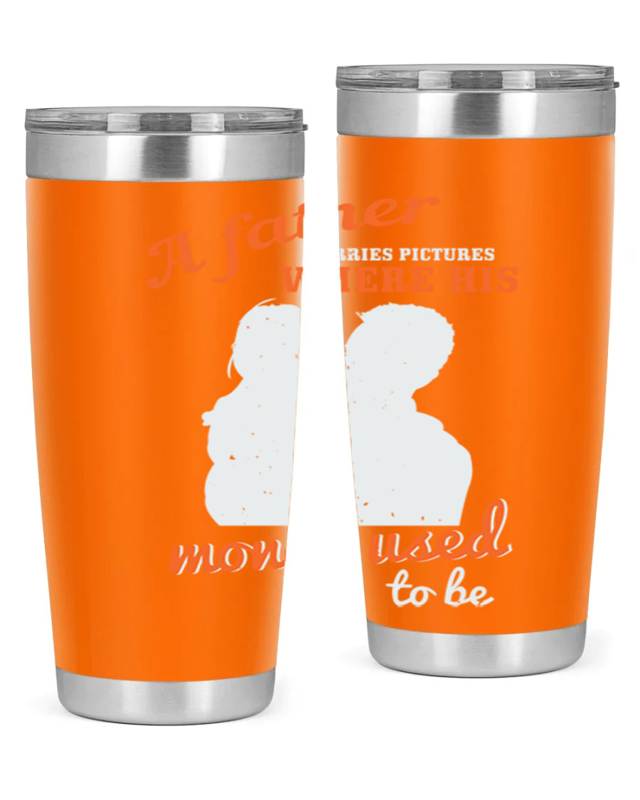 A Father Carries Pictures 273# Tumbler in stainless steel, showcasing its double wall vacuum design and drink-thru lid.