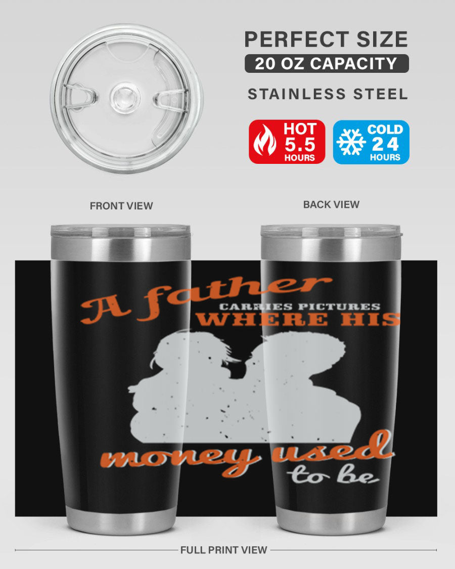 A Father Carries Pictures 273# Tumbler in stainless steel, showcasing its double wall vacuum design and drink-thru lid.