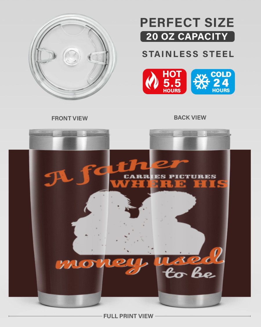 A Father Carries Pictures 273# Tumbler in stainless steel, showcasing its double wall vacuum design and drink-thru lid.