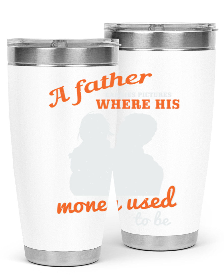 A Father Carries Pictures 273# Tumbler in stainless steel, showcasing its double wall vacuum design and drink-thru lid.