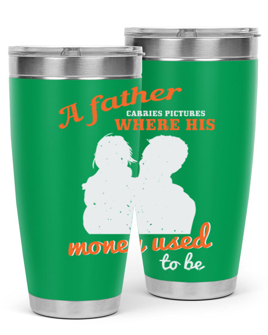 A Father Carries Pictures 273# Tumbler in stainless steel, showcasing its double wall vacuum design and drink-thru lid.