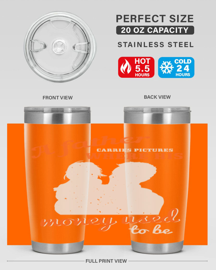 A Father Carries Pictures 273# Tumbler in stainless steel, showcasing its double wall vacuum design and drink-thru lid.