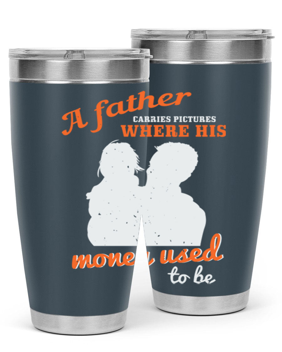 A Father Carries Pictures 273# Tumbler in stainless steel, showcasing its double wall vacuum design and drink-thru lid.