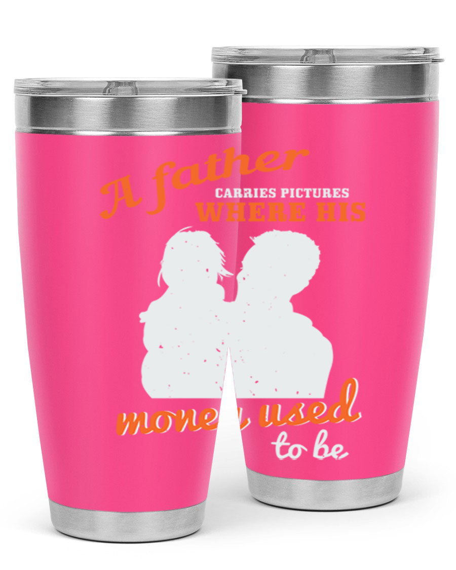 A Father Carries Pictures 273# Tumbler in stainless steel, showcasing its double wall vacuum design and drink-thru lid.