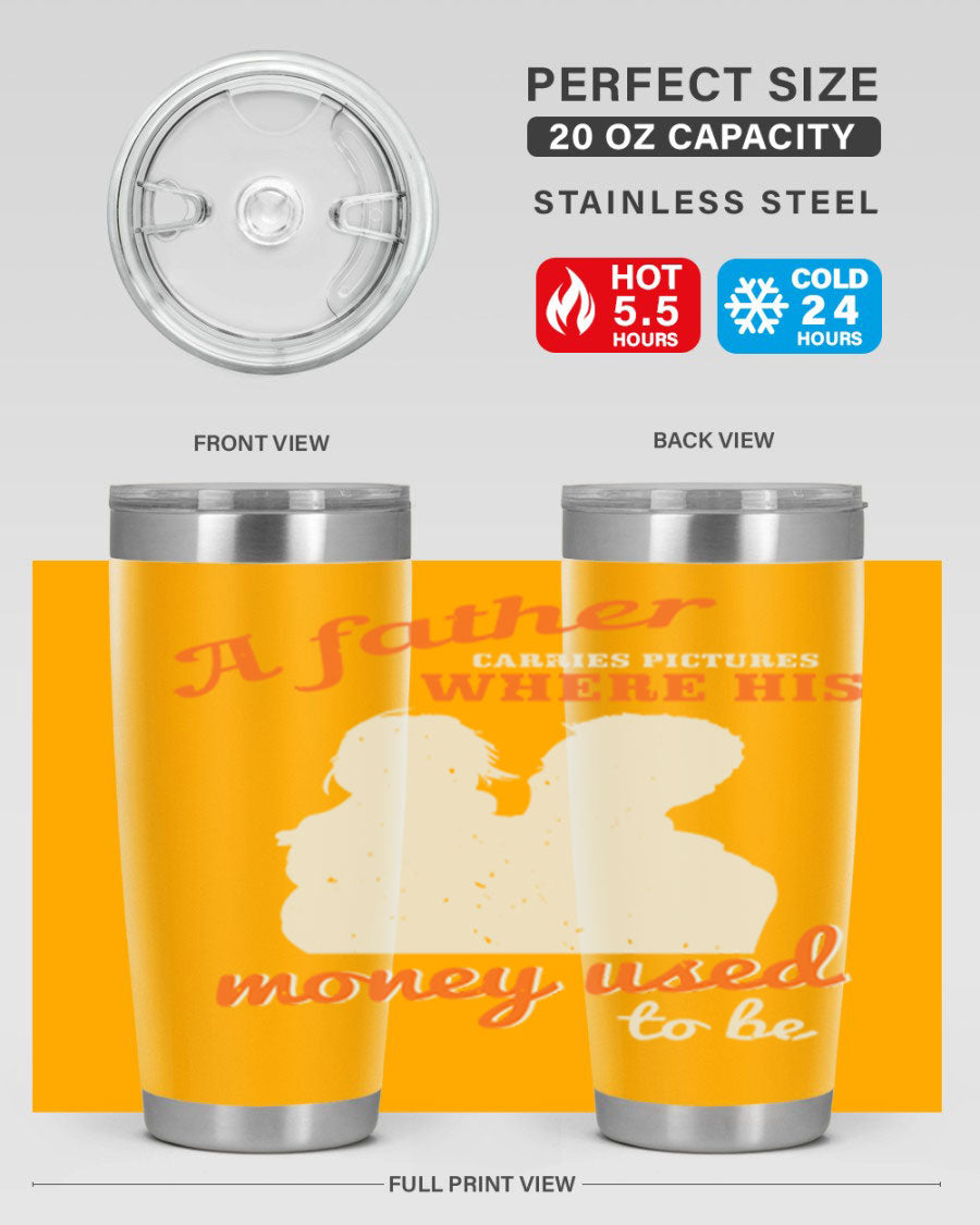 A Father Carries Pictures 273# Tumbler in stainless steel, showcasing its double wall vacuum design and drink-thru lid.