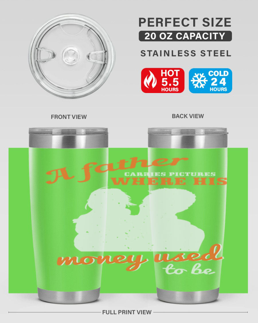 A Father Carries Pictures 273# Tumbler in stainless steel, showcasing its double wall vacuum design and drink-thru lid.