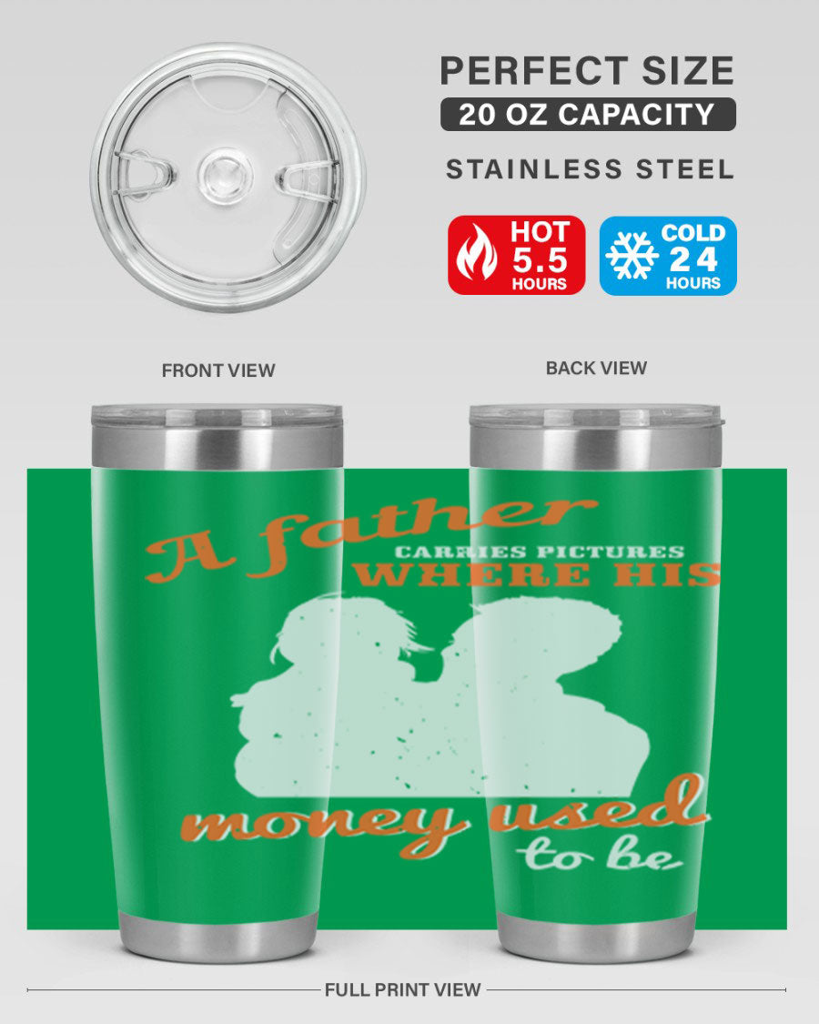 A Father Carries Pictures 273# Tumbler in stainless steel, showcasing its double wall vacuum design and drink-thru lid.