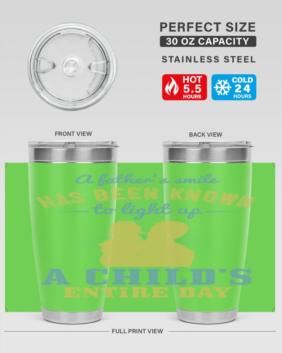 20oz stainless steel tumbler with a father's smile design, perfect for keeping drinks hot or cold, featuring a press-in lid.